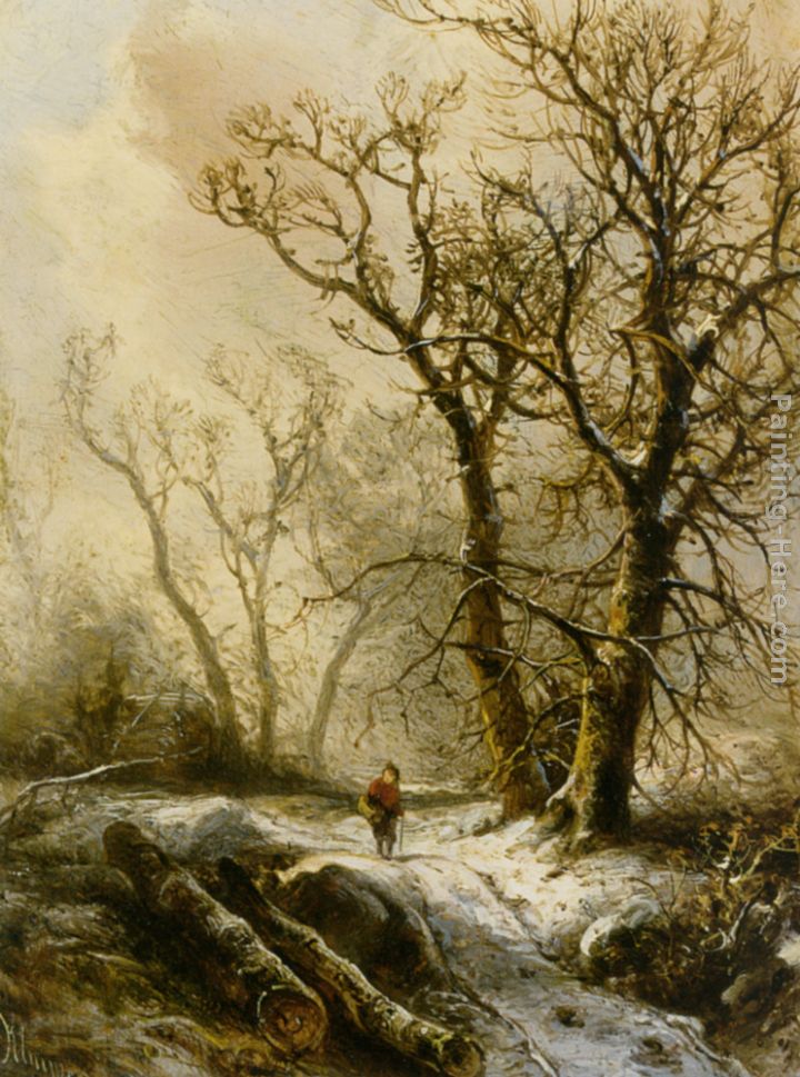 A Figure in a Snowy Forest Landscape painting - Pieter Lodewijk Francisco Kluyver A Figure in a Snowy Forest Landscape art painting